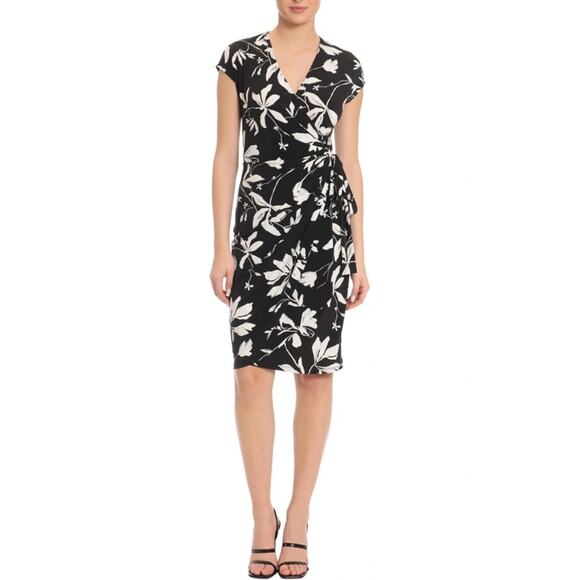 Maggy London Black White Floral Matte Jersey Short Sleeve Midi Wrap Dress 0 NWOT - Picture 1 of 16